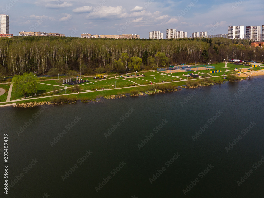 Top view on school lake in Zelenograd administrative district of Moscow, Russia Top view on school lake in Zelenograd administrative district of Moscow, Russia