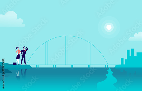 Vector flat illustration with business people standing at sea coast bridge looking at city on another side. New achievement, aspirations, company work, partnership, career goal, motivation - metaphor.