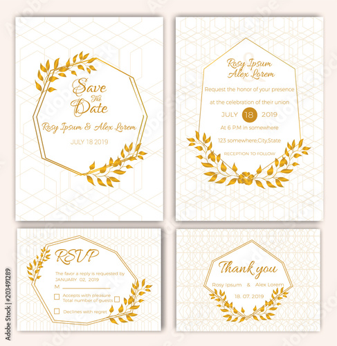 Elegant frame wedding invitation with gold flowers
