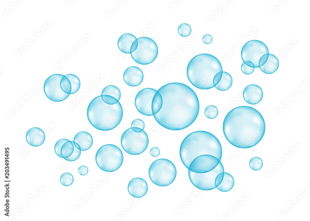 Underwater blue fizzing air, water or oxygen  bubbles.