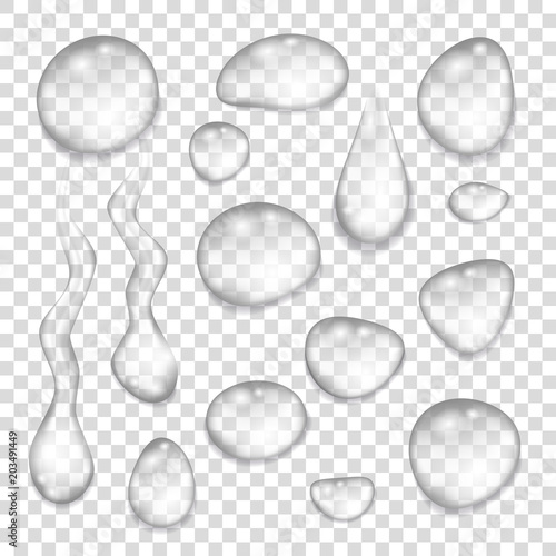 Collection of transparent gray drops of pure clear water.