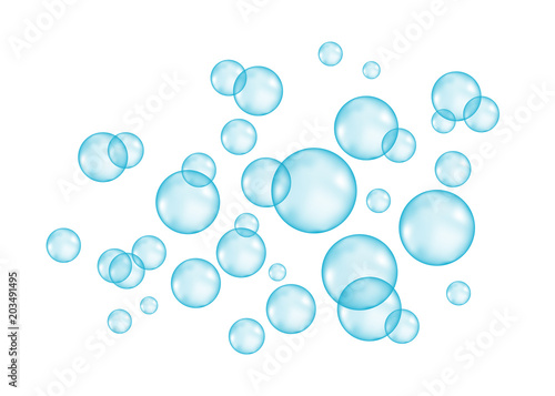 Underwater blue fizzing air, water or oxygen bubbles.