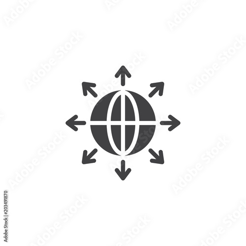 Worldwide vector icon. filled flat sign for mobile concept and web design. Globe sphere and outgoing arrows simple solid icon. Symbol, logo illustration. Pixel perfect vector graphics