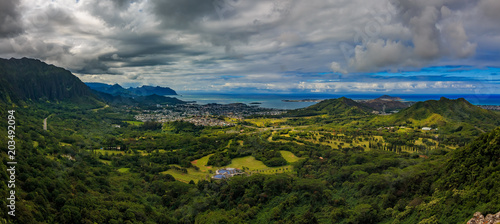 HDR panorama over green mountains of Nu'uanu Pali Lookout in Oahu, Hawaii