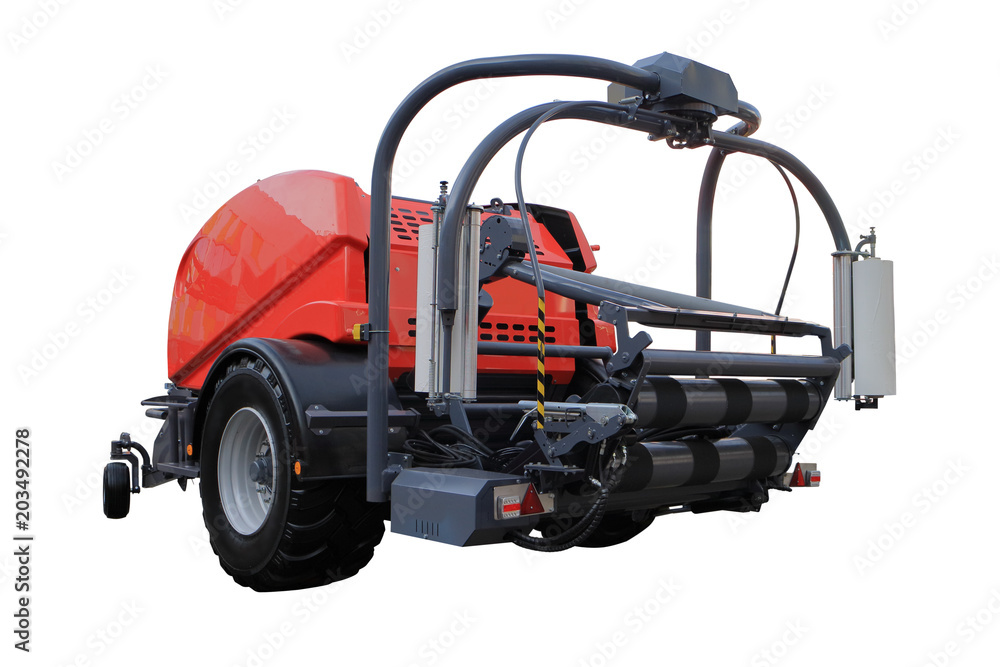 Agricultural machine for collecting and packing hay. Windrower. Trailer. Agricultural machine for collecting and packing hay. Windrower. Trailer.