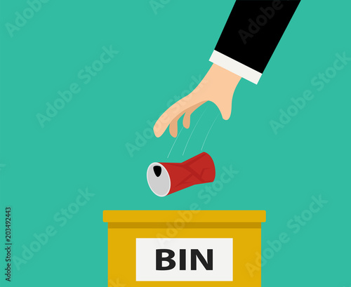 Closeup, man dropped the cans into the bin, vector