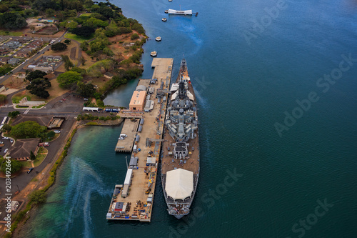 USS Missouri (BB-63) and USS Arizona Memorial in Pearl Harbor Honolulu Hawaii