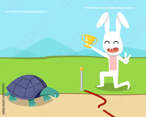 Rabbit wins the turtle in the race, vector design