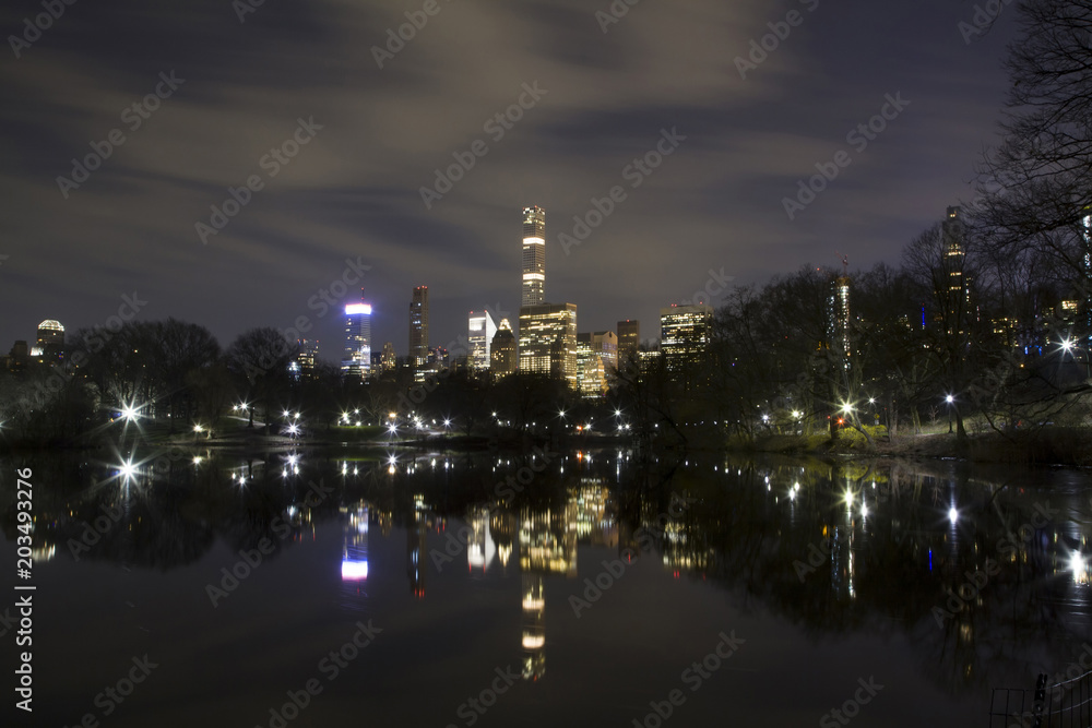 View of Manhattan buildings from Central Park pond