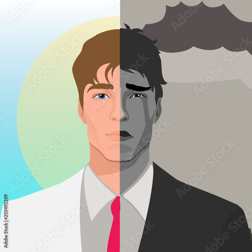 2 sides of a man, happy and sad