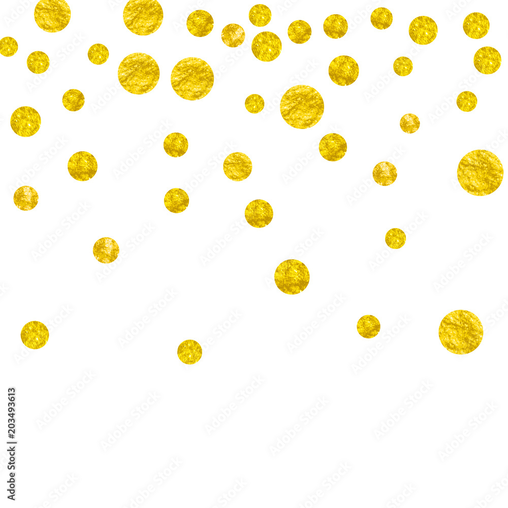 Gold glitter confetti with dots on isolated backdrop. Shiny random falling  sequins with shimmer. Template with gold glitter confetti for party  invitation, banner, greeting card, bridal shower. Stock Vector