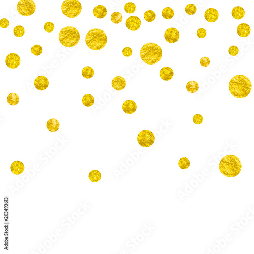Fototapeta Naklejka Na Ścianę i Meble -  Gold glitter confetti with dots on isolated backdrop. Shiny random falling sequins with shimmer. Template with gold glitter confetti for party invitation, banner, greeting card, bridal shower.