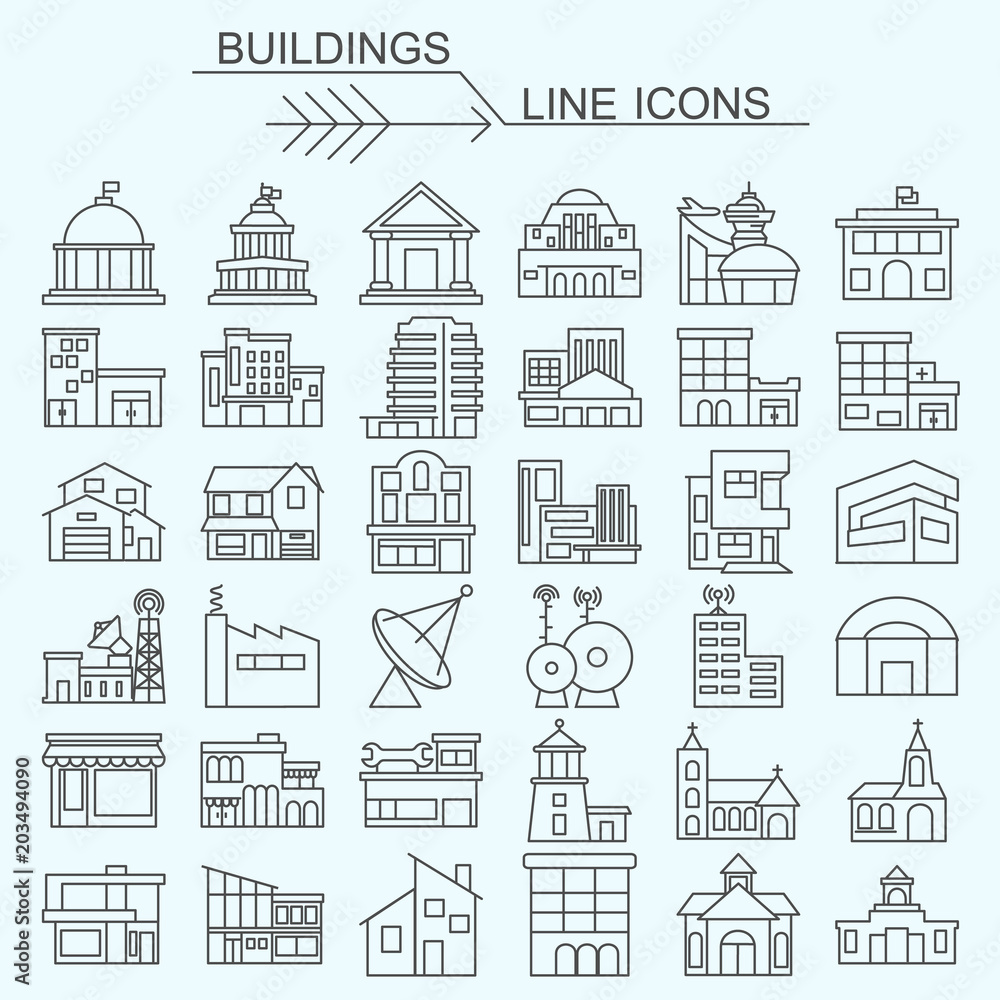 Buildings vector line icons editable stroke
