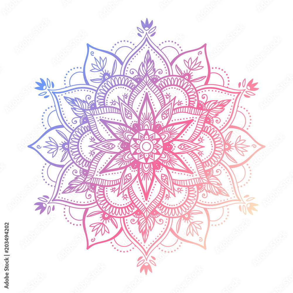 Round mandala in dreamy gradient. Vector hipster design on white isolated background. Mandala with floral patterns. Yoga template