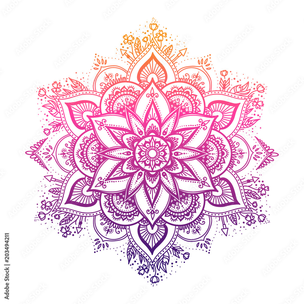Round gradient mandala on white isolated background. Vector boho mandala in  green and pink colors. Mandala with floral patterns. Yoga template Stock  Vector | Adobe Stock