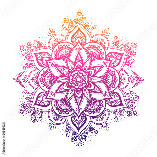 Round gradient mandala on white isolated background. Vector boho mandala in green and pink colors. Mandala with floral patterns. Yoga template photo