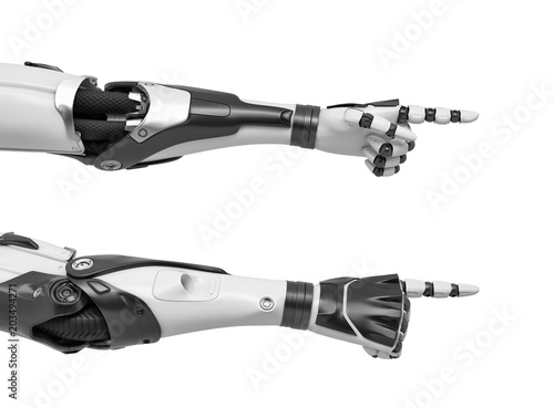 3d rendering of two robots hands with pointing fingers as shown from the palm side and the back of the hand.