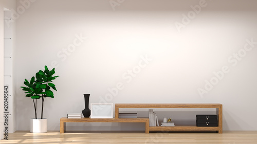 Mock up Template Tv wood cabinet in modern empty room interior background  3d illustration home designs,background shelves and books on the desk in front of  wall empty wall