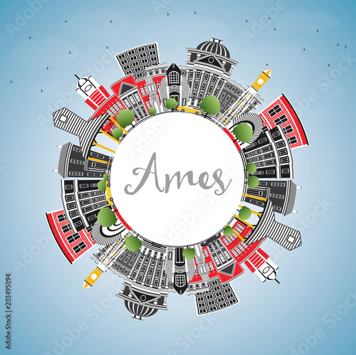Ames Iowa Skyline with Color Buildings, Blue Sky and Copy Space.