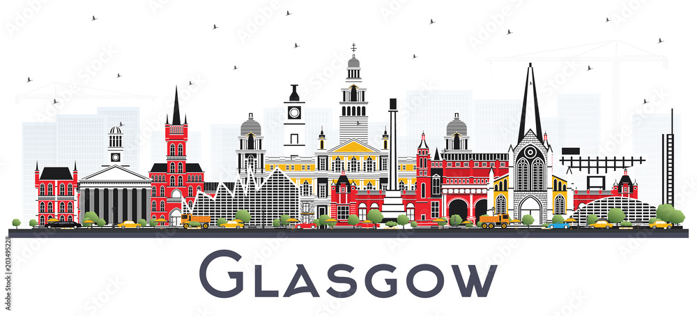 Glasgow Scotland City Skyline with Color Buildings Isolated on White.