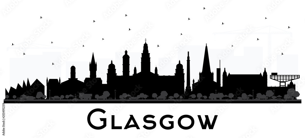 Glasgow Scotland City Skyline with Black Buildings Isolated on White.