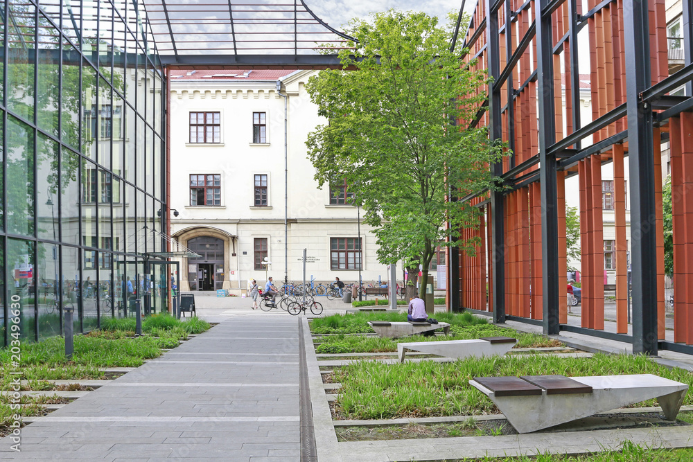 KRAKOW, POLAND - MAY 20, 2017: Garden of art, public library and gallery on Rajska street