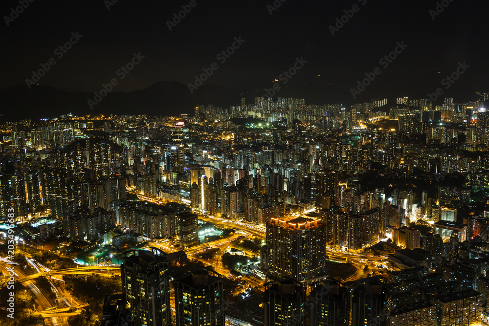 Illuminated Kowloon aerial view at night