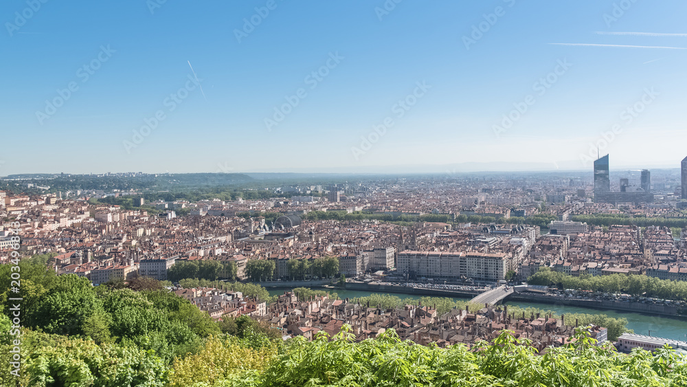 Vieux-Lyon, aerial view, colorful houses and bridges in the old center 
