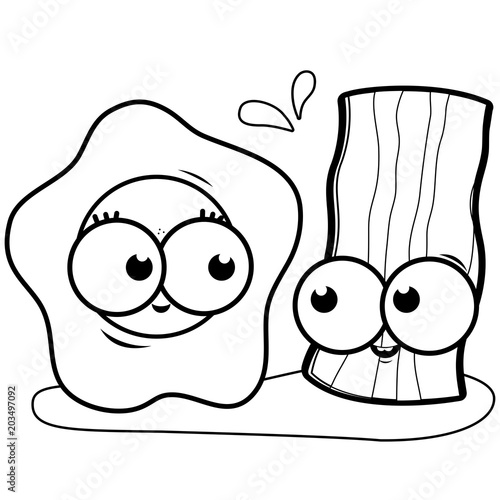 Cartoon egg and bacon characters. Vector black and white coloring page 