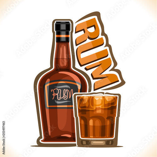 Vector illustration of alcohol drink Rum, old brown bottle of premium cuban booze, full tumbler glass with dark and stormy cocktail, original typeface for word rum, outline composition for bar menu.