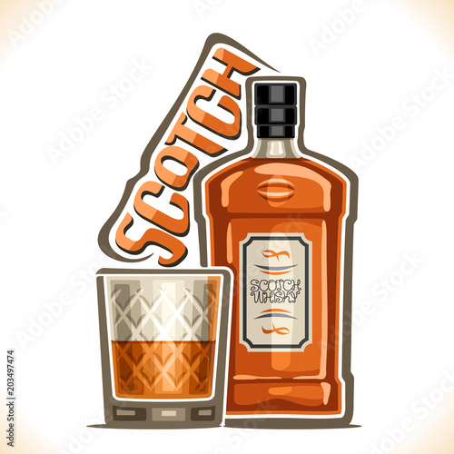 Vector illustration of alcohol drink Scotch Whisky, brown bottle of luxury old whiskey, half full tumbler glass with pure bourbon, original typeface for word scotch, outline composition for bar menu.