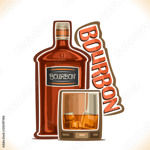 Vector illustration of alcohol drink Bourbon, old brown bottle of premium corn whiskey, half full tumbler glass with ice cubes, original typeface for word bourbon, outline composition for bar menu.