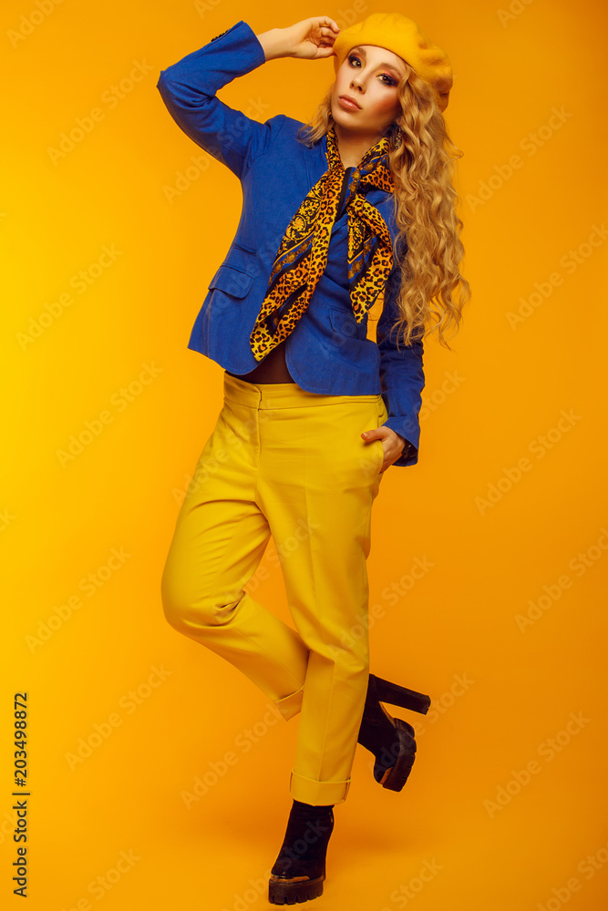 yellow pants posing Stock Photo 