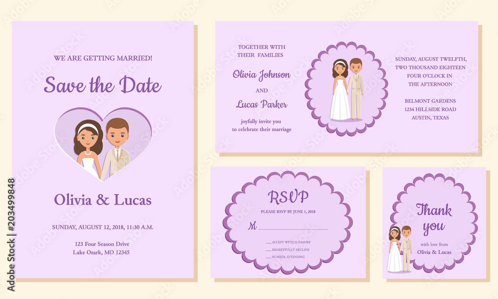 Wedding invite, save the date, rsvp, thank you cards. Invitation templates. Vector. Card with bride and groom. Holiday marriage background. Celebration poster.