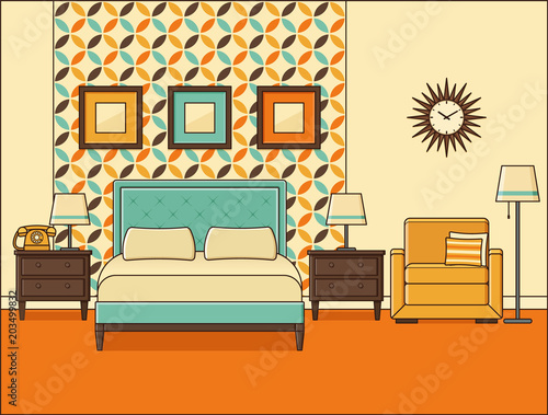 Bedroom interior. Hotel room with bed. Vector. Home retro space in flat design. Cartoon house equipment. Linear illustration. Vintage animated apartment. Outline background 1960s 1970s.