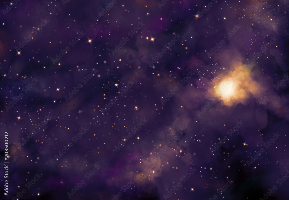 Star field in galaxy space with nebulae, abstract watercolor digital art painting for texture background Star field in galaxy space with nebulae, abstract watercolor digital art painting for texture background