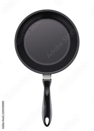 Pan for frying food. Cooking meal. Top view. Metallic utensil