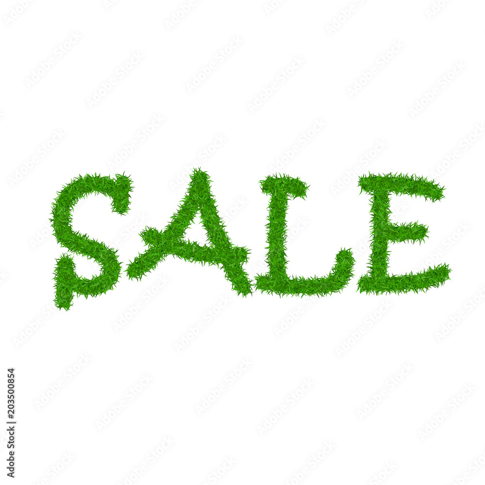 Green grass sale text, isolated white background. Spring or summer nature design for banner, flyer, label or poster offer. Discount sale. Eco 3D texture. Letter grassy signs. Vector illustration Green grass sale text, isolated white background. Spring or summer nature design for banner, flyer, label or poster offer. Discount sale. Eco 3D texture. Letter grassy signs. Vector illustration