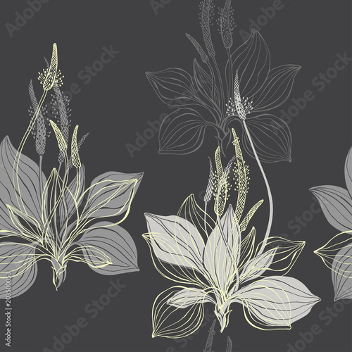 Seamless pattern with plantain on a dark background. Hand-drawn vector illustration.