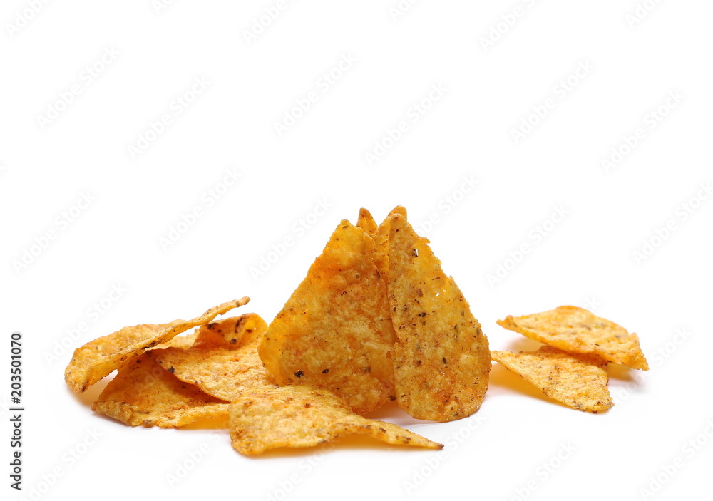 Chili flavored tortilla chips pile isolated on white background Chili flavored tortilla chips pile isolated on white background