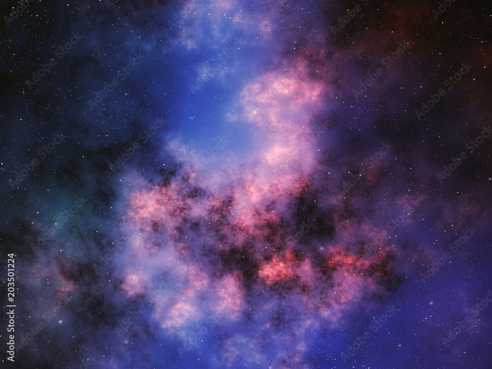 Purple nebula in deep outer space with stars. Space background illustration.