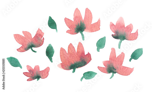 Composition of pastel pink flowers and small green leaves painted in watercolor on clean white background
