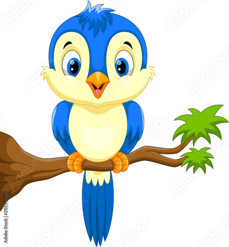 Cute blue bird cartoon on the tree branch