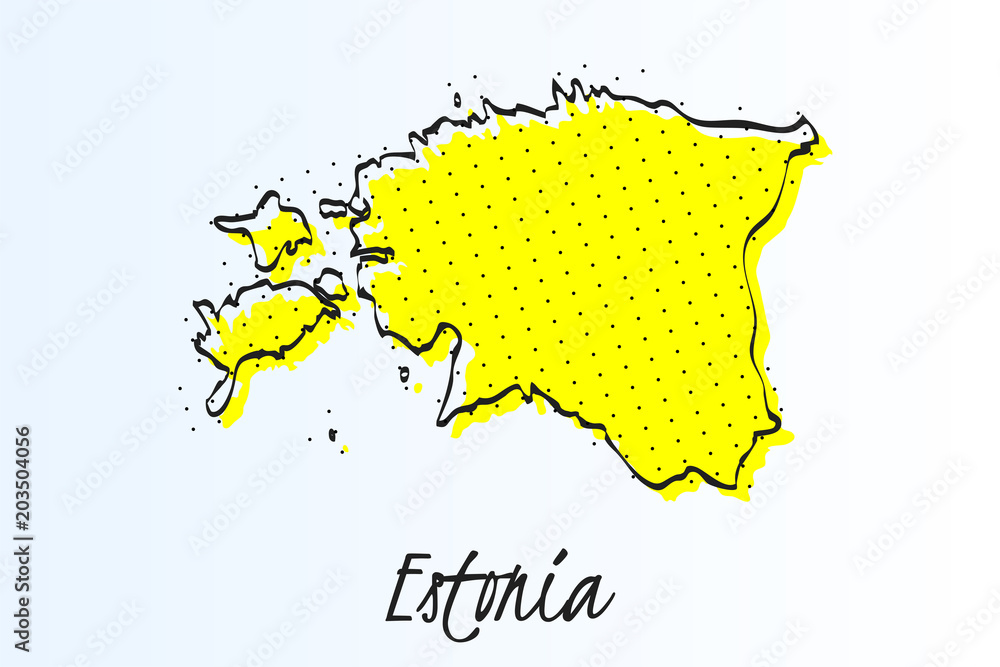 Obraz premium Map of Estonia, halftone abstract background. drawn border line and yellow color