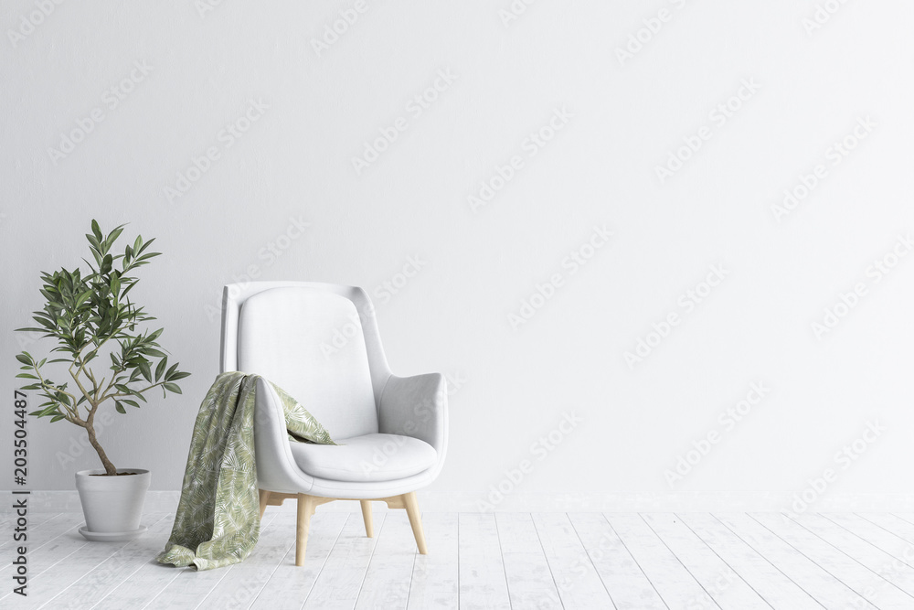 Living room interior with white sofa and flower, white wall mock up background, 3D render - obrazy, fototapety, plakaty 