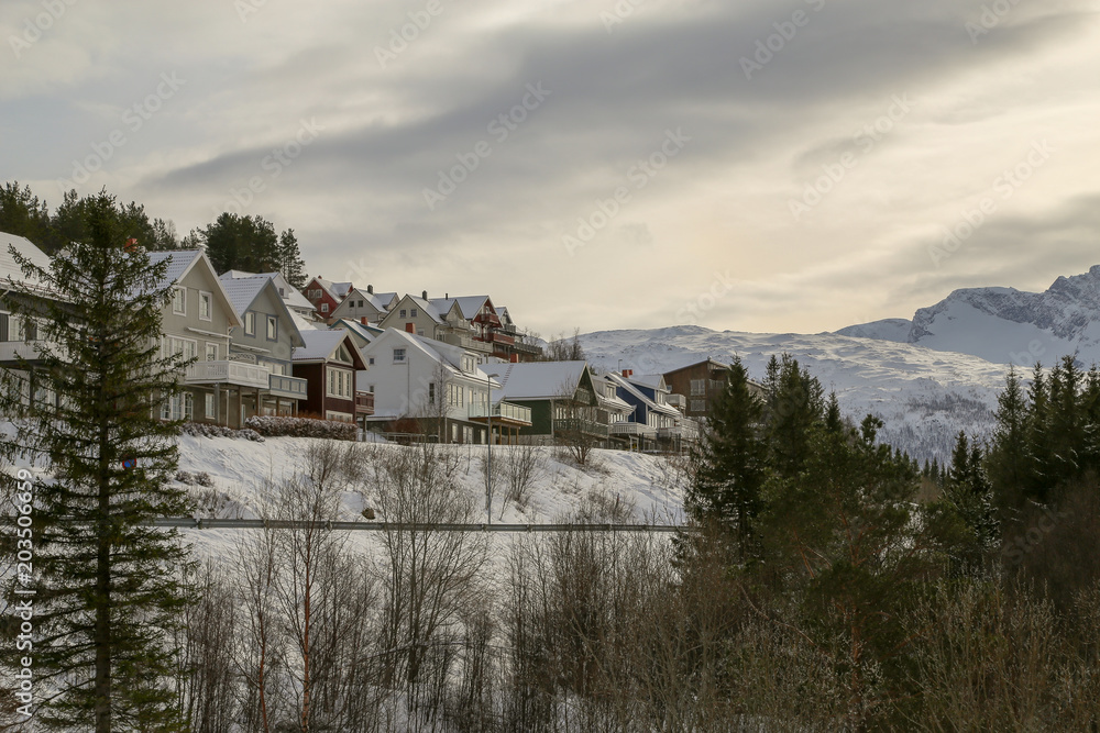 Norway Narvik, houses at the mountain slope above Narvik city on a winter day with lots of snow