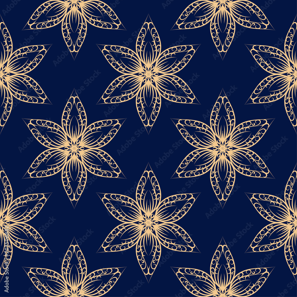Golden floral seamless pattern on blue background Golden floral seamless pattern on blue background