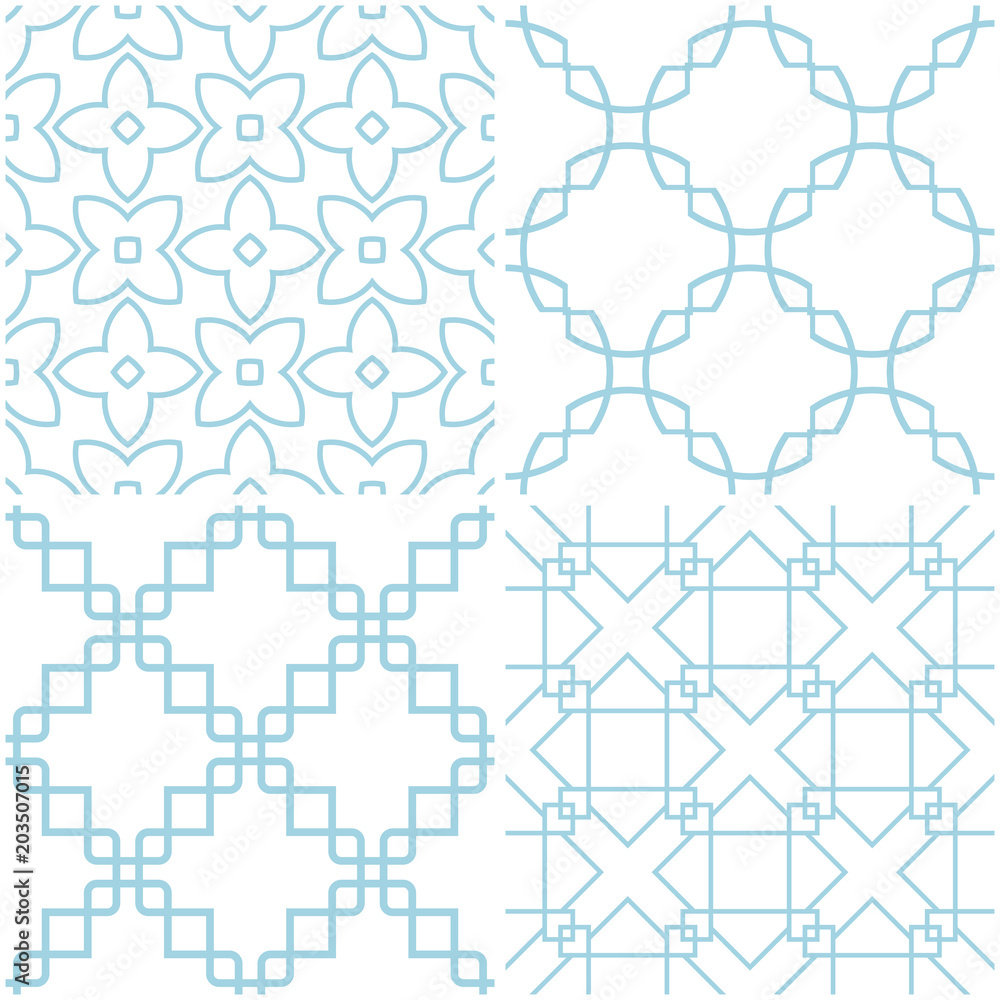Geometric patterns. Set of blue elements on white. Seamless backgrounds Geometric patterns. Set of blue elements on white. Seamless backgrounds