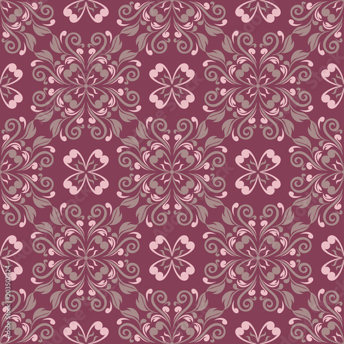 Floral seamless pattern. Purple red background with flower design elements