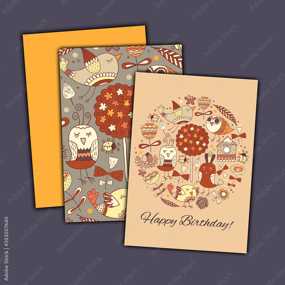 Obraz premium Happy birthday vector greeting card with abstract doodle birds and flowers.